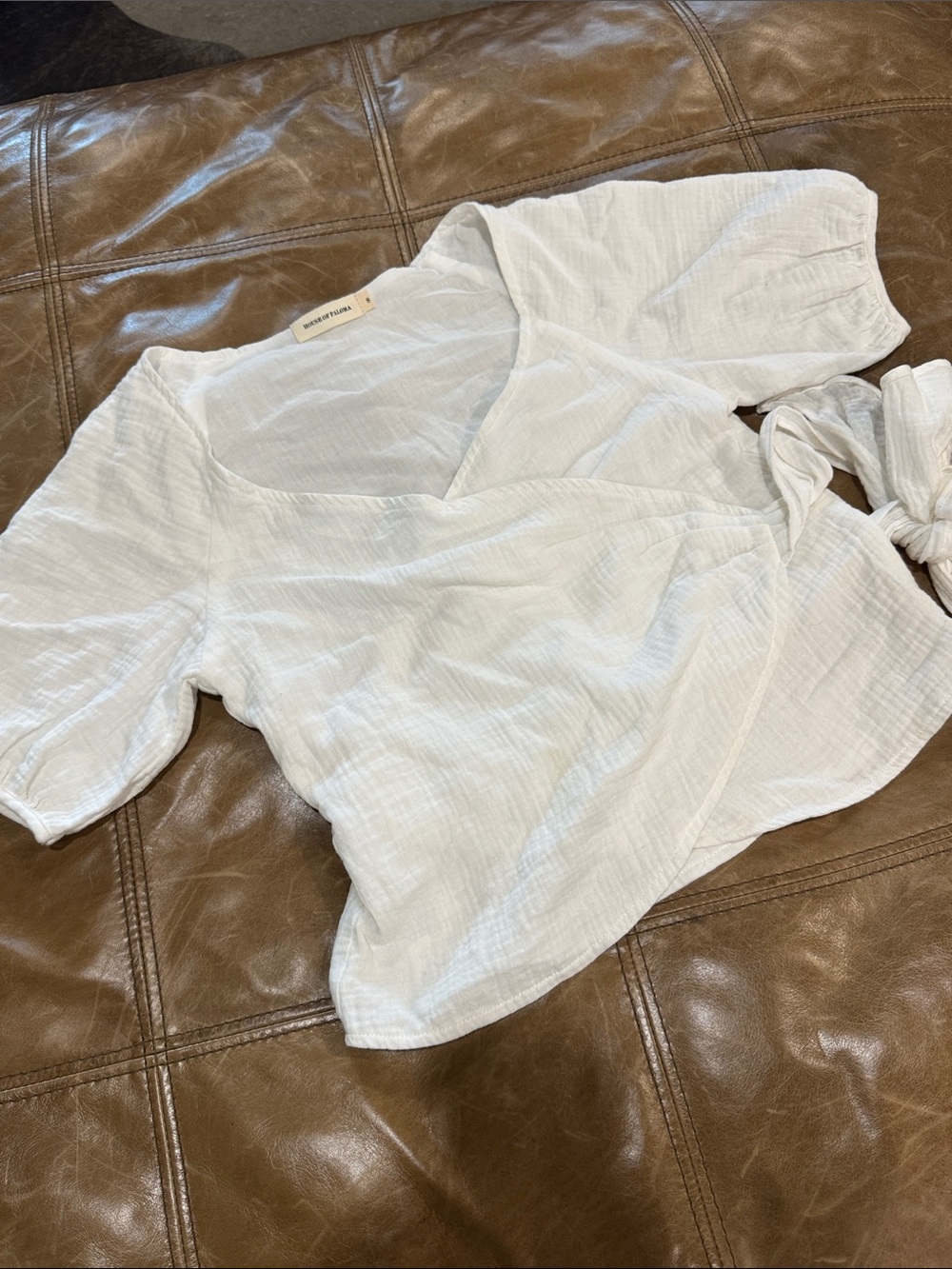 House of Paloma Cotton Gauze Puff Sleeve Wrap Blouse in White 8